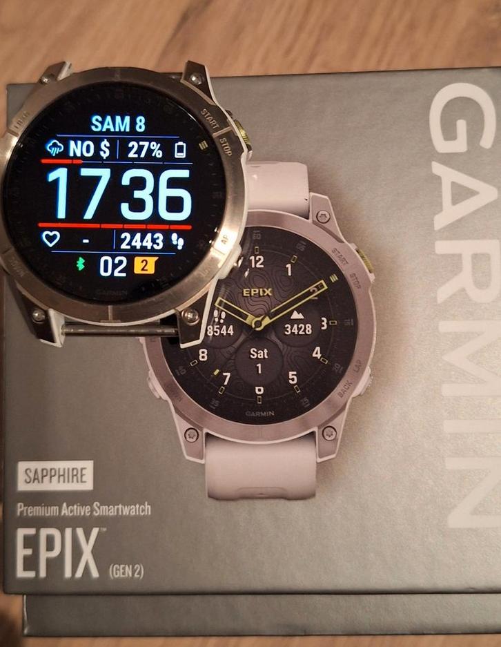Garmin epix gen 2 saphire titanium 47 cm janvier 2025, Handtassen en Accessoires, Sporthorloges, Zo goed als nieuw, Grijs, Conditie