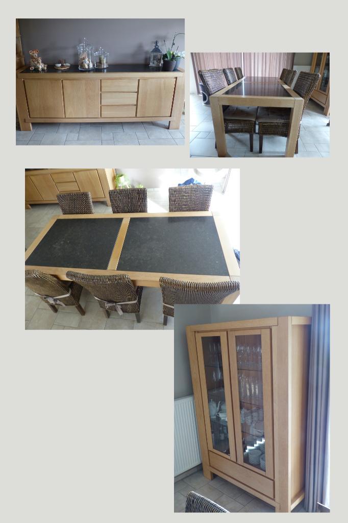 Eetkamer massief eik met natuursteen, Huis en Inrichting, Complete eetkamers, Gebruikt, 6 tot 8 stoelen, Ophalen