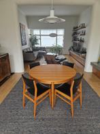 Vintage midcentury ronde tafel (verlengbaar) + 6 stoelen, Ophalen, 100 tot 150 cm, Vintage, Zo goed als nieuw
