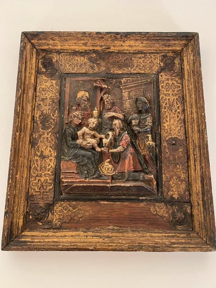 Mechelse albast rond 1600  in originele kader. Polychroom, Antiek en Kunst, Antiek | Religieuze voorwerpen, Verzenden