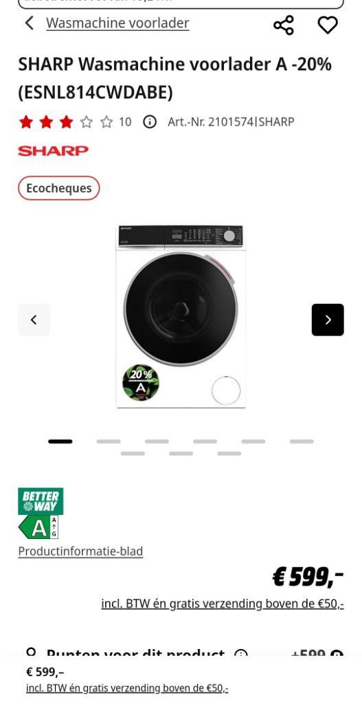 SHARP Wasmachine voorlader 8KG, Elektronische apparatuur, Wasmachines, Nieuw, Voorlader, 8 tot 10 kg, Energieklasse A of zuiniger