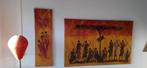 3x Schilderij ** Set AFRIKA ** Dansers / Buffel /Krijgers Ou, Antiek en Kunst, Ophalen
