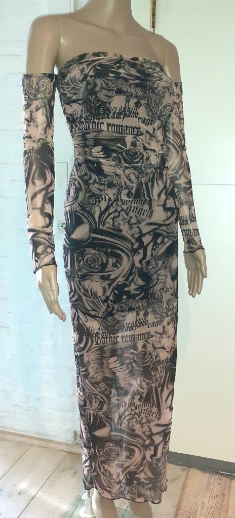Lange jurk tattoo print gothic romance Bershka XS of 34, Kleding | Dames, Jurken, Nieuw, Maat 34 (XS) of kleiner, Beige, Onder de knie