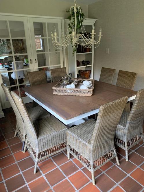 Eetkamer Rivièra Maison stijl met 8 Wicker stoelen, Huis en Inrichting, Complete eetkamers, Zo goed als nieuw, 6 tot 8 stoelen