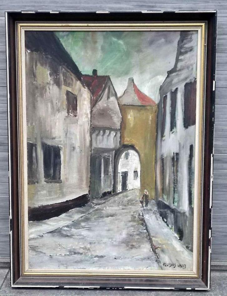 Huile sur toile ruelle signe Walter theunynck, Antiek en Kunst, Kunst | Schilderijen | Klassiek, Ophalen of Verzenden