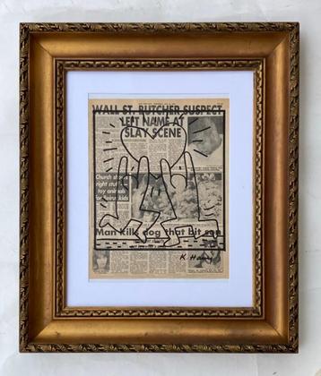 Keith Haring tekent op krantenpapier. Groot formaat beschikbaar voor biedingen