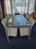 Belle salle à manger, table en verre avec 4 chaises en cuir, Enlèvement, Utilisé