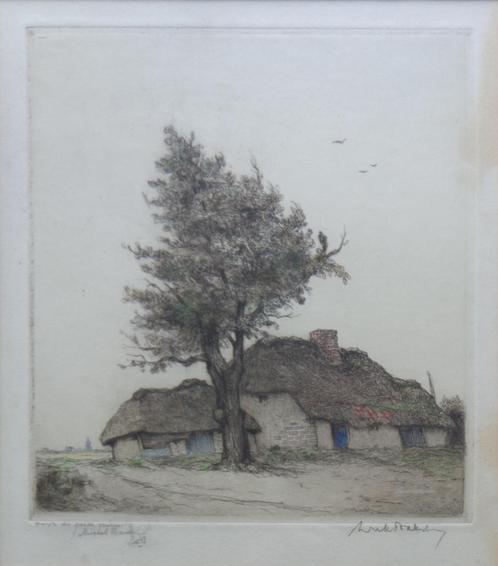 DIRK BAKSTEEN / KEMPEN / ZW-W ETS + PASTEL / 42x38cm / KADER, Antiek en Kunst, Kunst | Litho's en Zeefdrukken, Ophalen of Verzenden