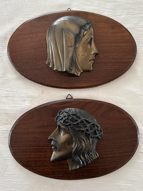 Maria en Jezus, koperen hoofd, op eiken plank, Antiek en Kunst, Antiek | Brons en Koper, Ophalen of Verzenden