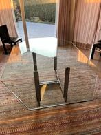 8-hoekige glazen tafel op geborstelde inox voet, Ophalen, Design, 75 cm of meer, Overige vormen