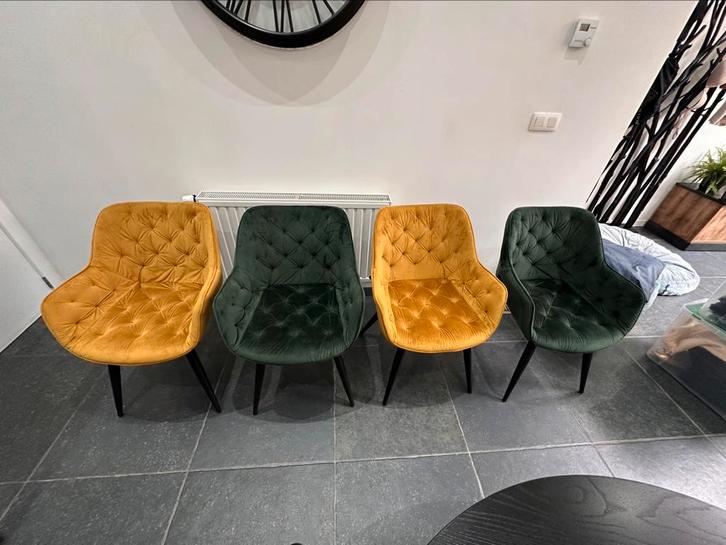 Velour stoelen - velvet groen en geel - armsteunen, Huis en Inrichting, Stoelen, Zo goed als nieuw, Vier, Stof, Overige kleuren