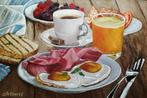 "Gebakken eieren met ham en koffie" Schilderij, Antiek en Kunst, Kunst | Schilderijen | Modern, Verzenden