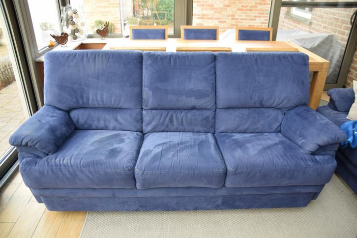 2 canapés de salon en alcantara bleu (3 places + 2 places), Huis en Inrichting, Zetels | Zetels, Gebruikt, Rechte bank, Vierpersoons of meer