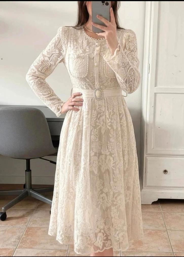 Beige crèmekleurige lange jurk met kant vintage bohemien sti, Kleding | Dames, Gelegenheidskleding, Nieuw, Maat 36 (S), Beige