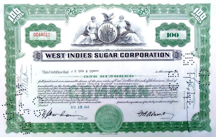 West Indies Sugar Corporation 1948, Postzegels en Munten, Aandelen en Waardepapieren, Certificaat van aandeel, 1920 tot 1950, Ophalen of Verzenden
