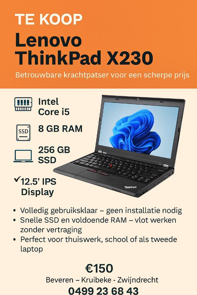 Lenovo ThinkPad X230, Computers en Software, Windows Laptops, Refurbished, 12 inch, SSD, 2 tot 3 Ghz, 8 GB, Azerty, Ophalen
