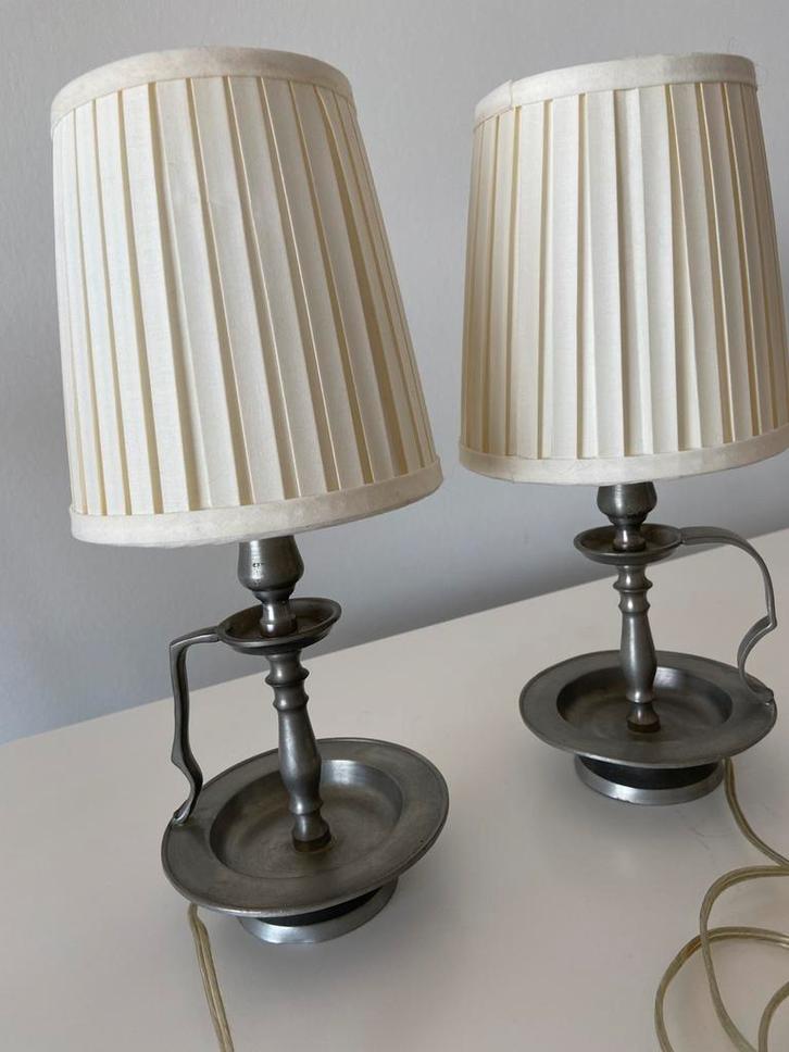2 tinnen nachtlampjes, tafellampjes, Huis en Inrichting, Lampen | Tafellampen, Gebruikt, Minder dan 50 cm, Metaal, Ophalen