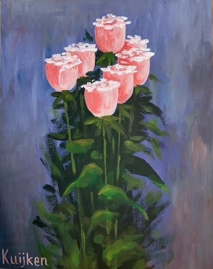 "Pink Roses" (Acrylic painting by Kuijken, 24 x 30 cm), Ophalen of Verzenden