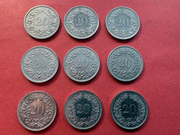Zwitserland - set van 9 stuks 20 Rappen (#219#), Postzegels en Munten, Munten | Europa | Niet-Euromunten, Setje, Overige landen