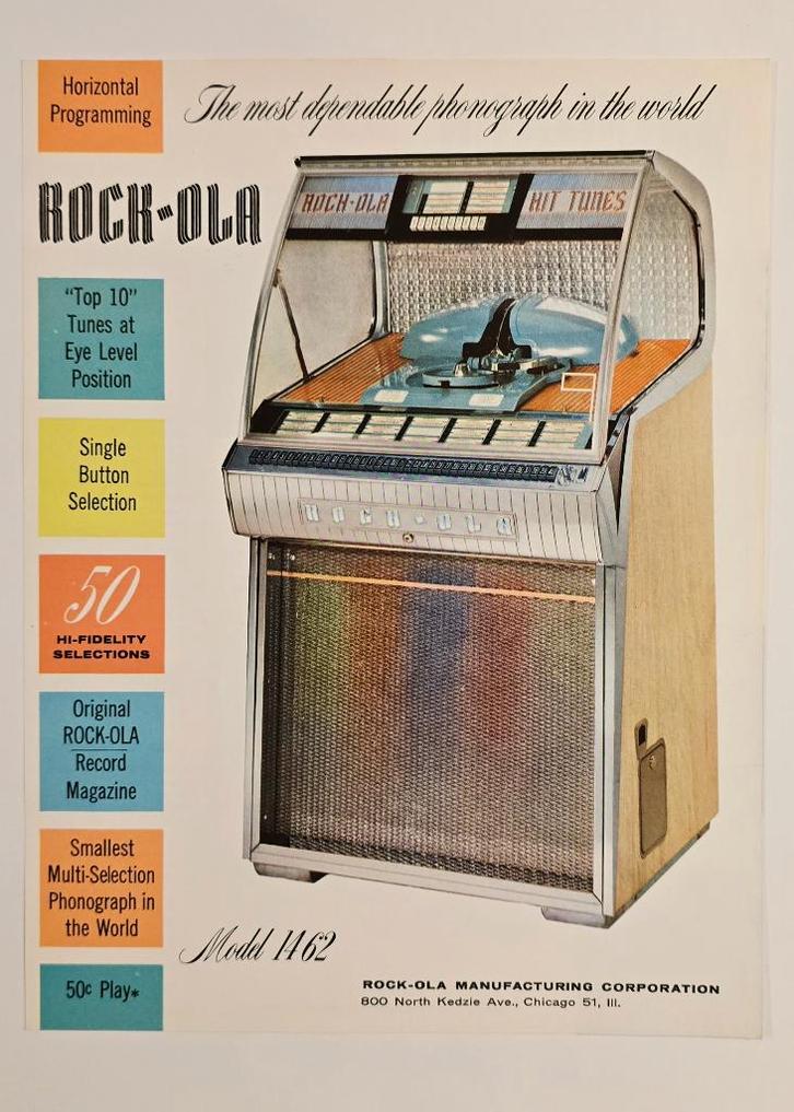 ROCK-OLA Model 1462 Jukebox 1957 origineel blad, Verzamelen, Automaten | Jukeboxen, Gebruikt, Rock Ola, Ophalen of Verzenden
