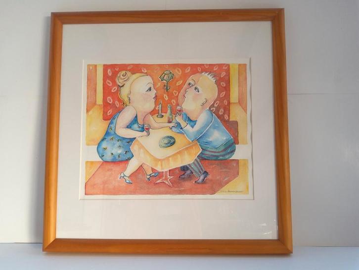 Origineel aquarel " Tête-à-tête "., Antiek en Kunst, Kunst | Schilderijen | Modern, Ophalen of Verzenden