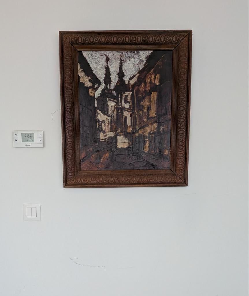 Origineel schilderij op houten paneel + vintage houten kader, Antiek en Kunst, Ophalen of Verzenden