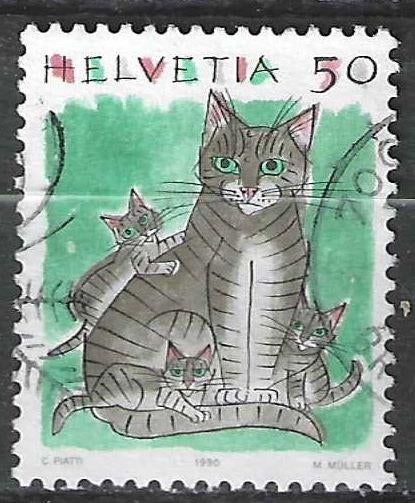 Zwitserland 1990 - Yvert 1342 - Kattenfamilie (ST), Verzenden, Gestempeld