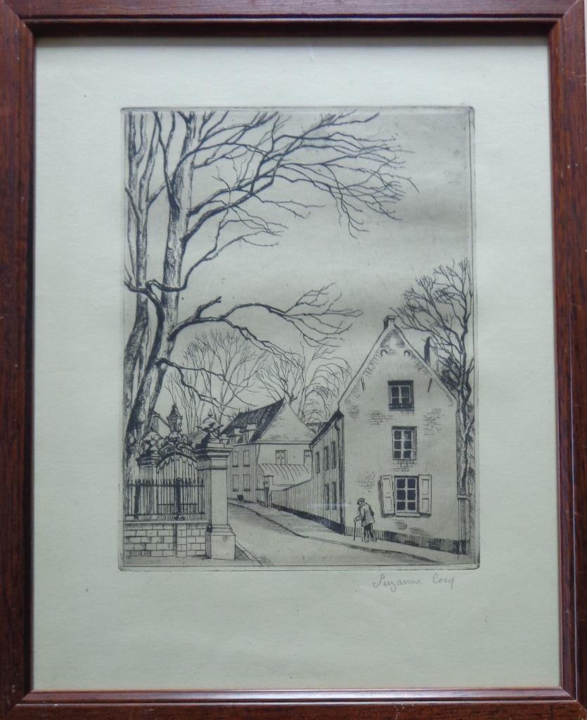 SUZANNE COCQ / DORPSZICHT / ZW-W ETS / 32x26cm / KADER / SIG, Eau-forte, Enlèvement ou Envoi, Signé, Architecture