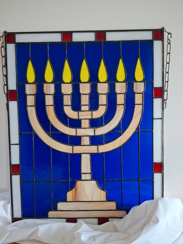 Glasramen in lood: olijfboom en menora, Antiquités & Art, Antiquités | Verre & Cristal, Enlèvement ou Envoi