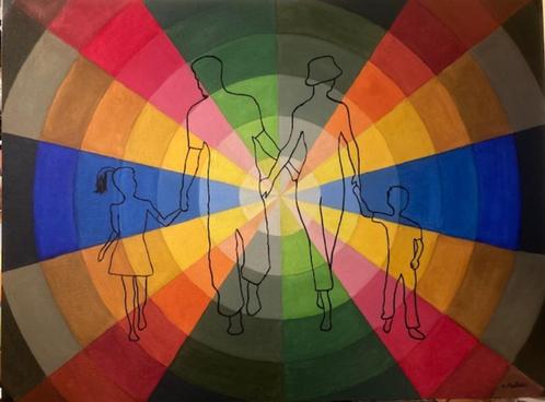 EIGEN OLIEVERFSCHILDERIJ MODERN MET GEZIN, Antiek en Kunst, Kunst | Schilderijen | Klassiek, Ophalen