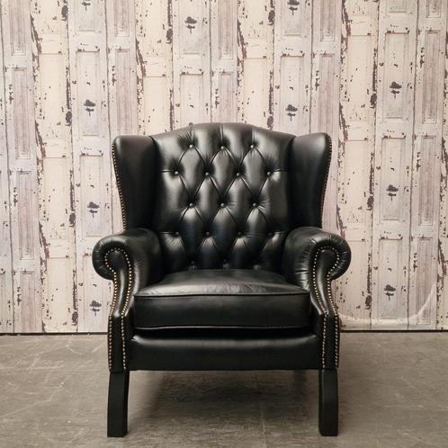 Chesterfield Lord Fauteuil – Zwart Leer, Huis en Inrichting, Fauteuils, Nieuw, Leer, 75 tot 100 cm, 75 tot 100 cm, Ophalen of Verzenden