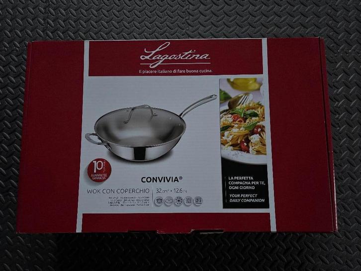 Lagostina Wokpan 32 cm / RVS / Nieuw, Maison & Meubles, Cuisine | Casseroles & Poêles, Neuf, Wok, Plaques à induction, Plaque céramique