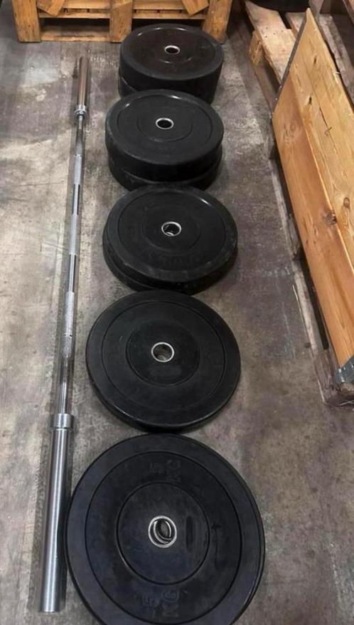 140kg Bumperplates + Olympisch Barbell 220cm, Sport en Fitness, Fitnessmaterialen, Gebruikt, Halterschijven, Ophalen
