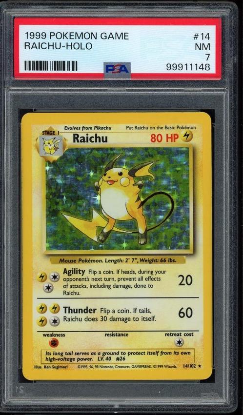 Raichu Holo PSA 7 - 14/102 - Base Set 1999, Hobby en Vrije tijd, Verzamelkaartspellen | Pokémon, Zo goed als nieuw, Losse kaart