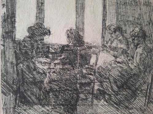Ets Medard Maertens Vier vrouwen aan een tafel, Antiek en Kunst, Kunst | Etsen en Gravures, Ophalen of Verzenden