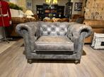 Stoere Chesterfield club fauteuil Antraciet grijs leer zetel, Ophalen of Verzenden