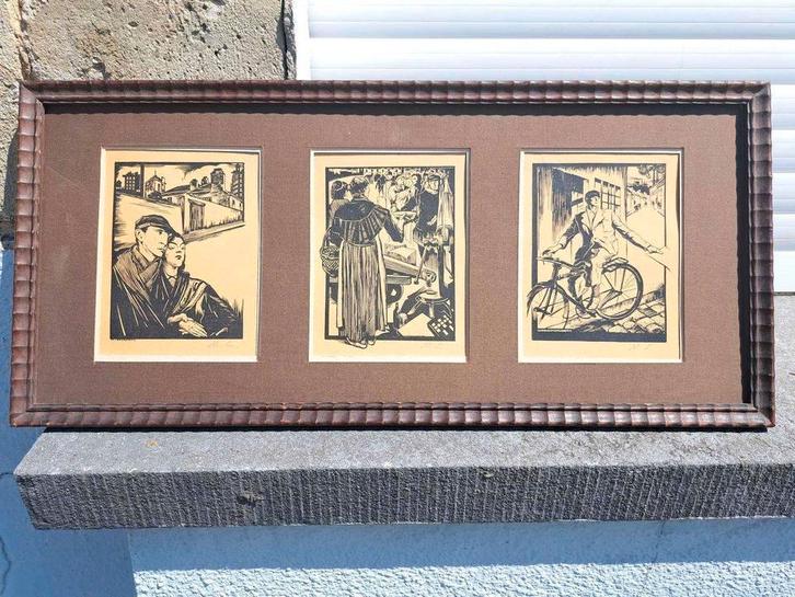 3 linogravures signe Maurice langaskens, Antiek en Kunst, Kunst | Litho's en Zeefdrukken, Ophalen of Verzenden