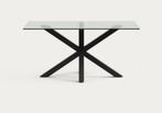 Eettafel van gehard glas en metalen designvoet, Ophalen, Gebruikt, Glas