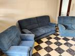 Set zetels (2x éénzit en 1x tweezit) in blauwe stof, 150 tot 200 cm, Rechte bank, Gebruikt, Stof