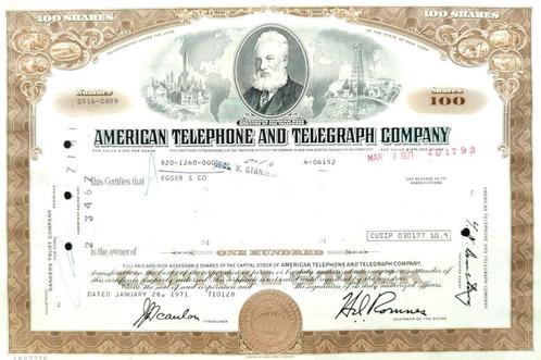 American Telephone and Telegraph (AT&T) Company 1971, Timbres & Monnaies, Actions & Titres, Certificat d'action, 1970 à nos jours