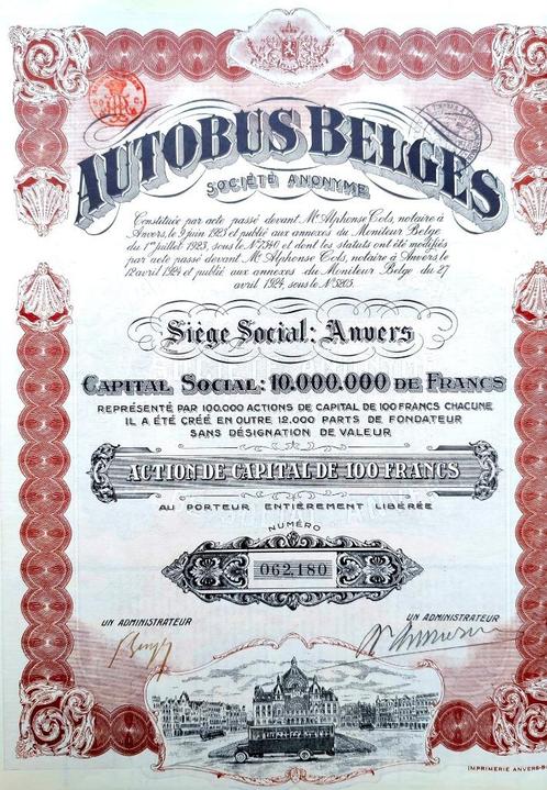 Autobus Belges 1924, Postzegels en Munten, Aandelen en Waardepapieren, Aandeel, 1920 tot 1950, Ophalen of Verzenden