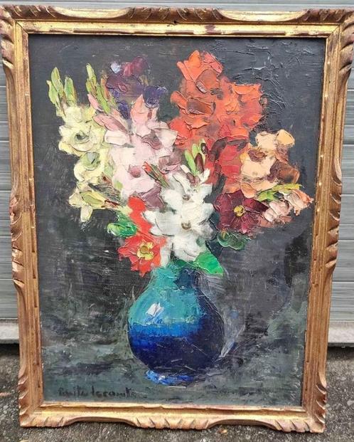 Huile sur panneau fleurs signe Émile Lecomte, Antiek en Kunst, Kunst | Schilderijen | Klassiek, Ophalen of Verzenden