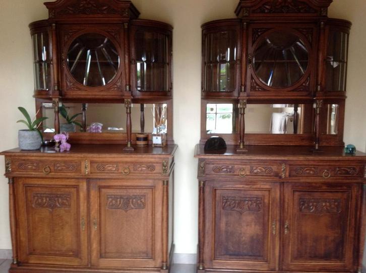 Koppel identieke Mechelse antieke kasten, Huis en Inrichting, Kasten | Buffetkasten, Gebruikt, Met deur(en), Eikenhout, Glas, Ophalen