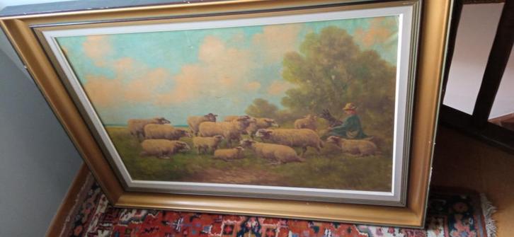 Schapen met herder van P.Schouten, Antiek en Kunst, Kunst | Schilderijen | Klassiek, Ophalen of Verzenden
