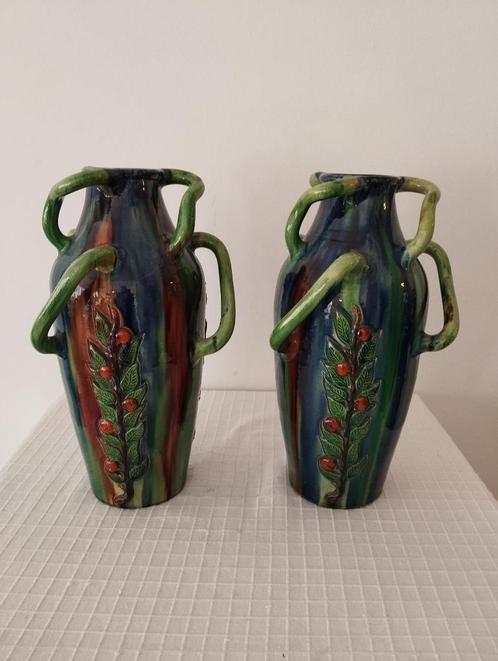 Vlaams/Brugs aardewerk Set van 2 identieke vazen met 6 oren, Antiquités & Art, Antiquités | Vases, Enlèvement