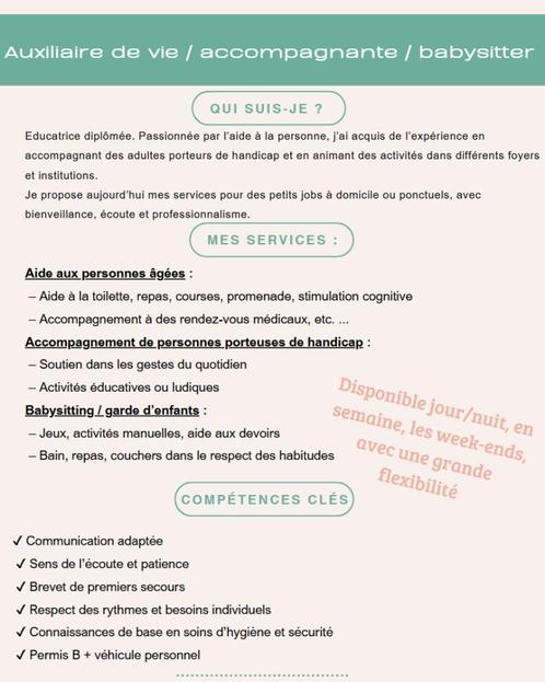auxiliaire de vie disponible, Vacatures, Vacatures | Gezondheidszorg, Vanaf 3 jaar, Overige vormen, Vakantiewerk, Variabele uren
