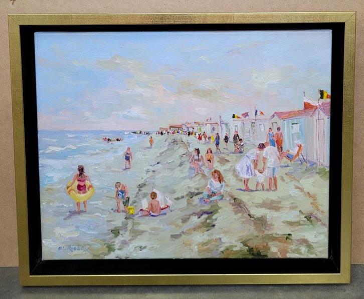 Albert RIGAUX, drukte bij de strandcabines, Antiek en Kunst, Kunst | Schilderijen | Klassiek, Ophalen of Verzenden