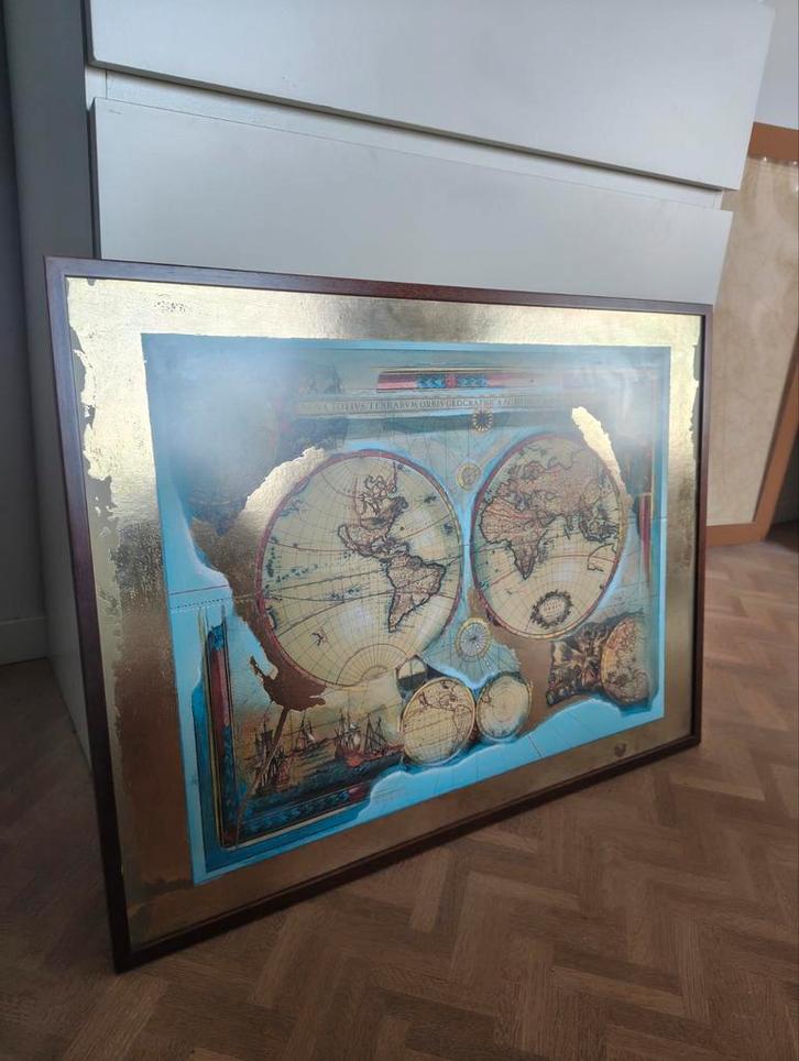 Vintage Wereldkaart ingekaderd, Boeken, Atlassen en Landkaarten, Wereld, Ophalen