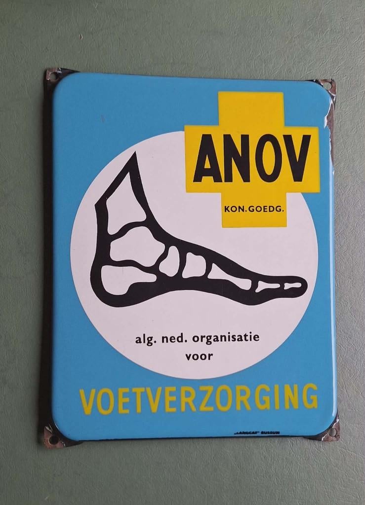 Emaille bordje Anov voetverzorging🦶Langcat Bussum., Verzamelen, Ophalen of Verzenden, Gebruikt, Reclamebord