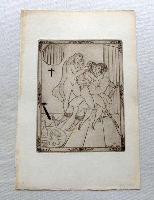 Clara Tice 1926 Z/W ets 'Confession' (Adv. King Pausole) num, Antiek en Kunst, Kunst | Etsen en Gravures, Verzenden